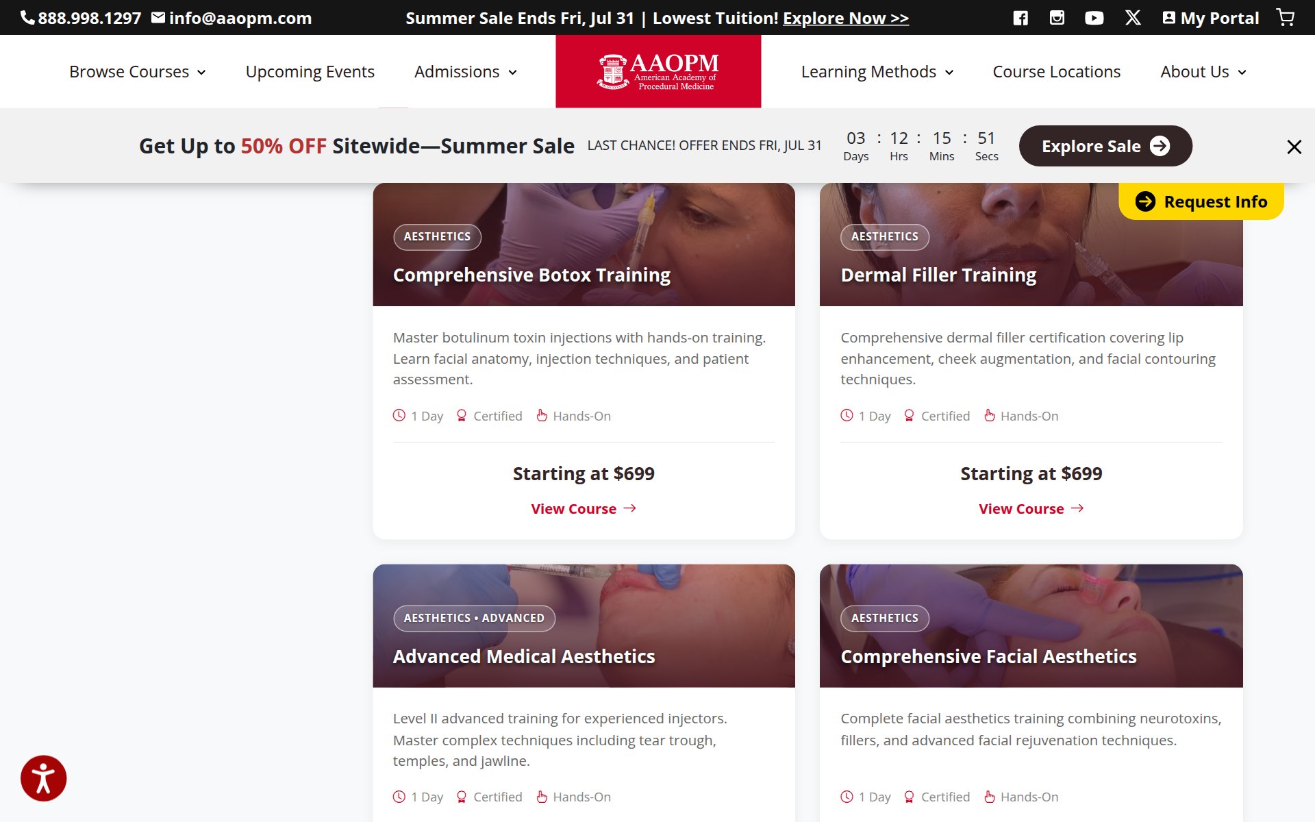 AAOPM course cards for Comprehensive Botox Training and Dermal Filler Training, each one day, certified, hands-on, starting at $699