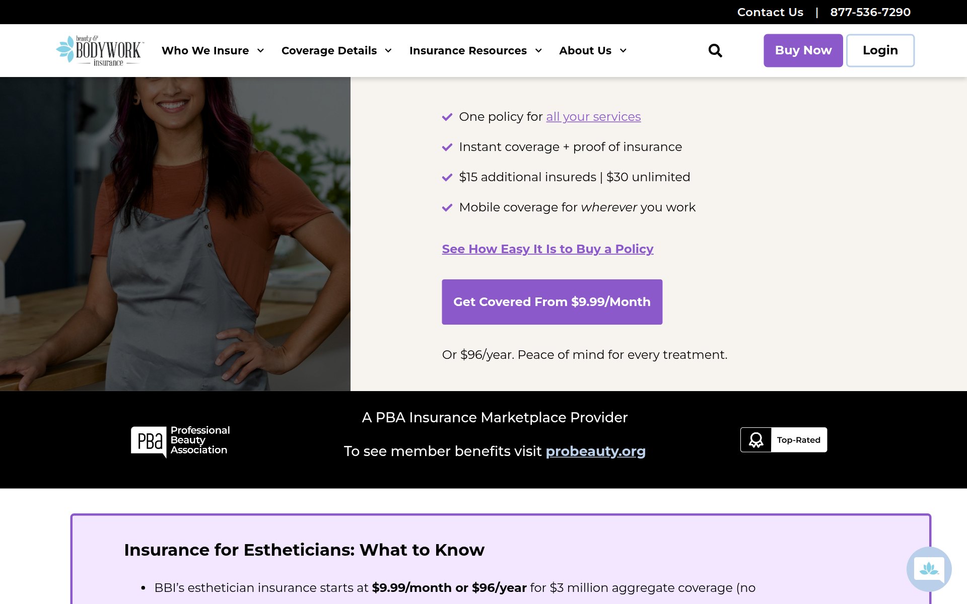 Beauty & Bodywork Insurance esthetician page showing Get Covered From $9.99/Month, or $96/year, with instant coverage and proof of insurance