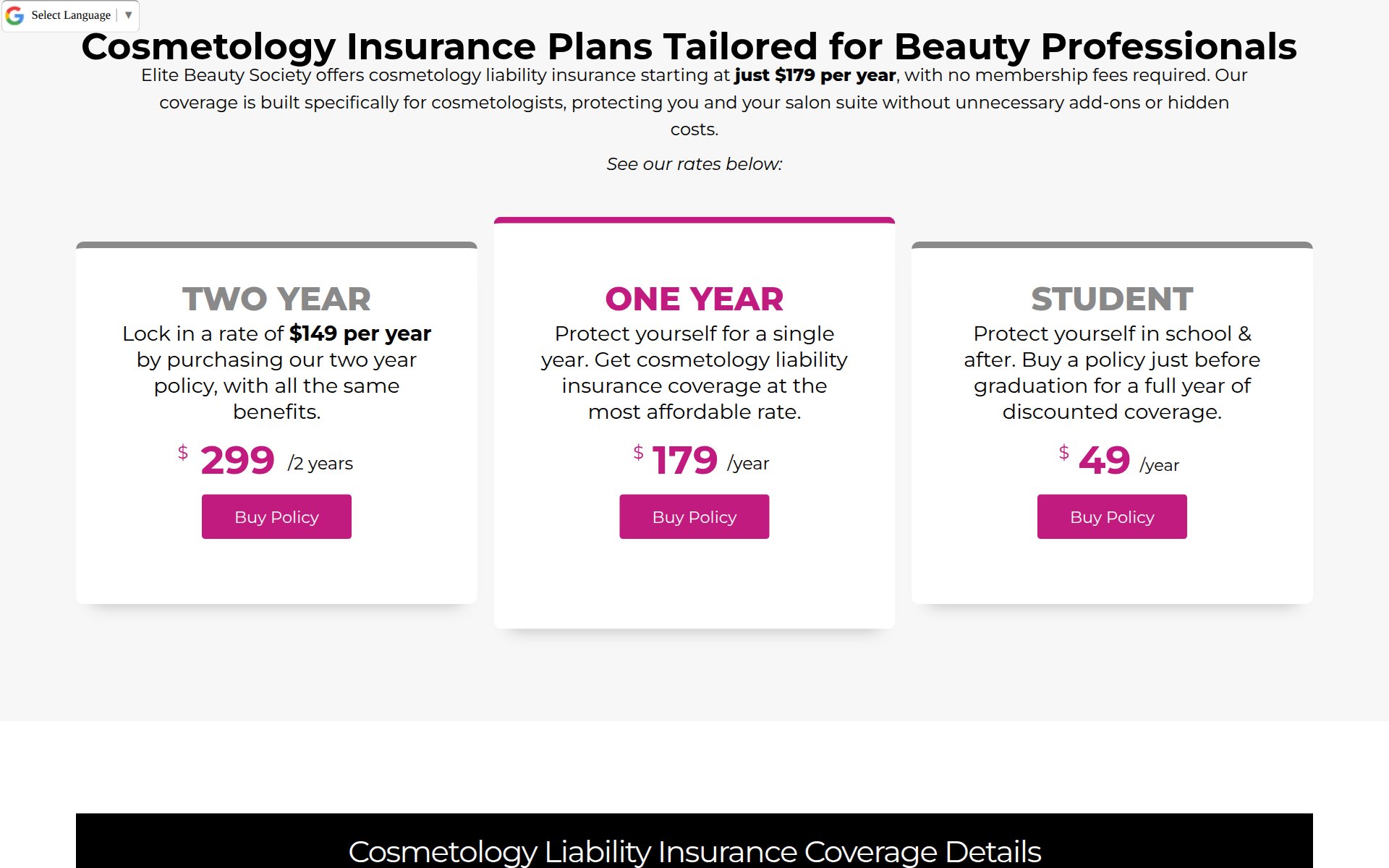 Elite Beauty Society pricing page showing three plans: Two Year at $299 for 2 years, One Year at $179 per year, and Student at $49 per year