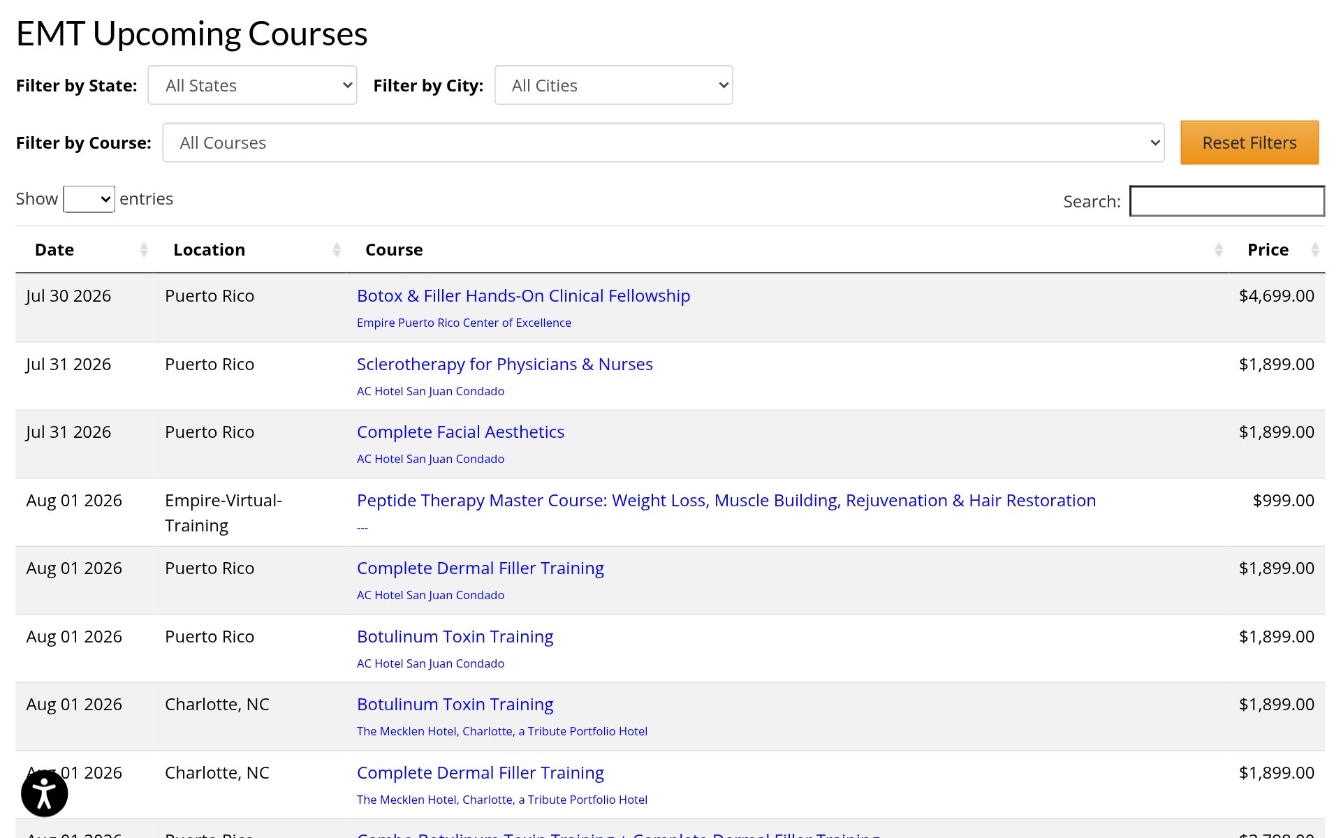 Empire Medical Training upcoming courses table listing date, location, course and price, including Botulinum Toxin Training and Complete Dermal Filler Training at $1,899 and a Botox and Filler Hands-On Clinical Fellowship at $4,699