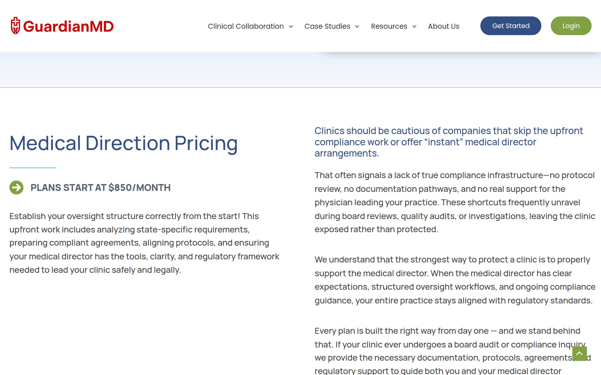 Guardian Medical Direction pricing section headed Medical Direction Pricing with the line Plans start at $850 per month, alongside copy warning clinics to be cautious of instant medical director arrangements