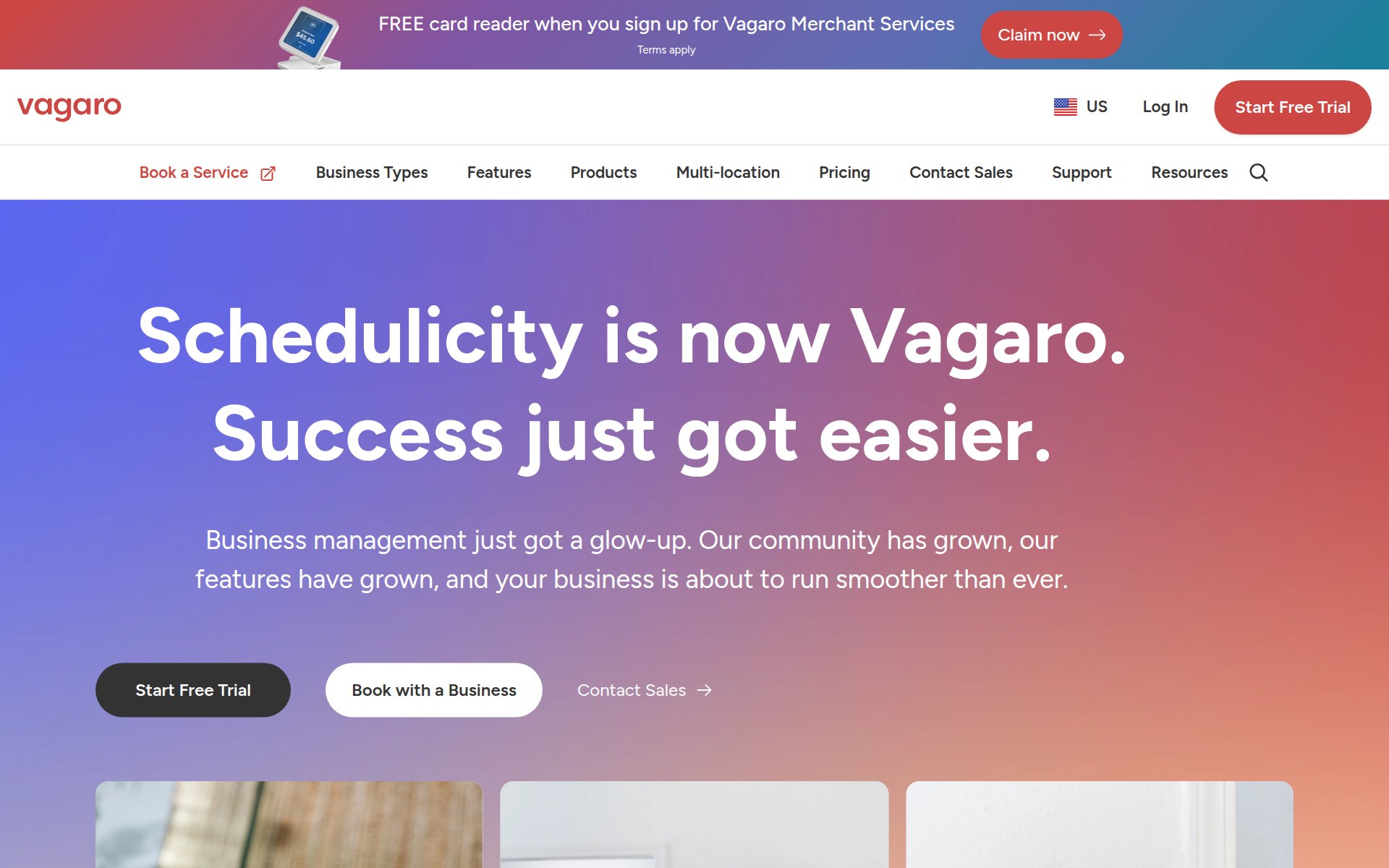 Vagaro landing page with the headline Schedulicity is now Vagaro, Success just got easier